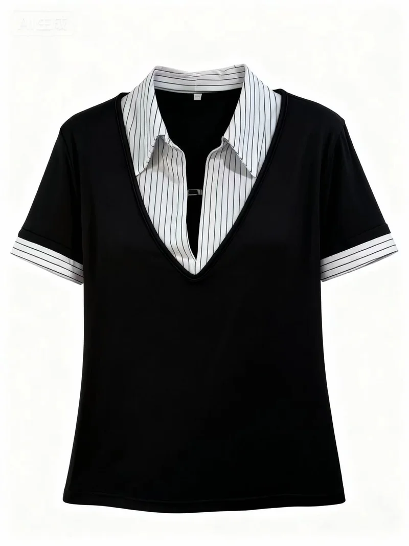 White Short Sleeve Contrast Collar Fitted Top